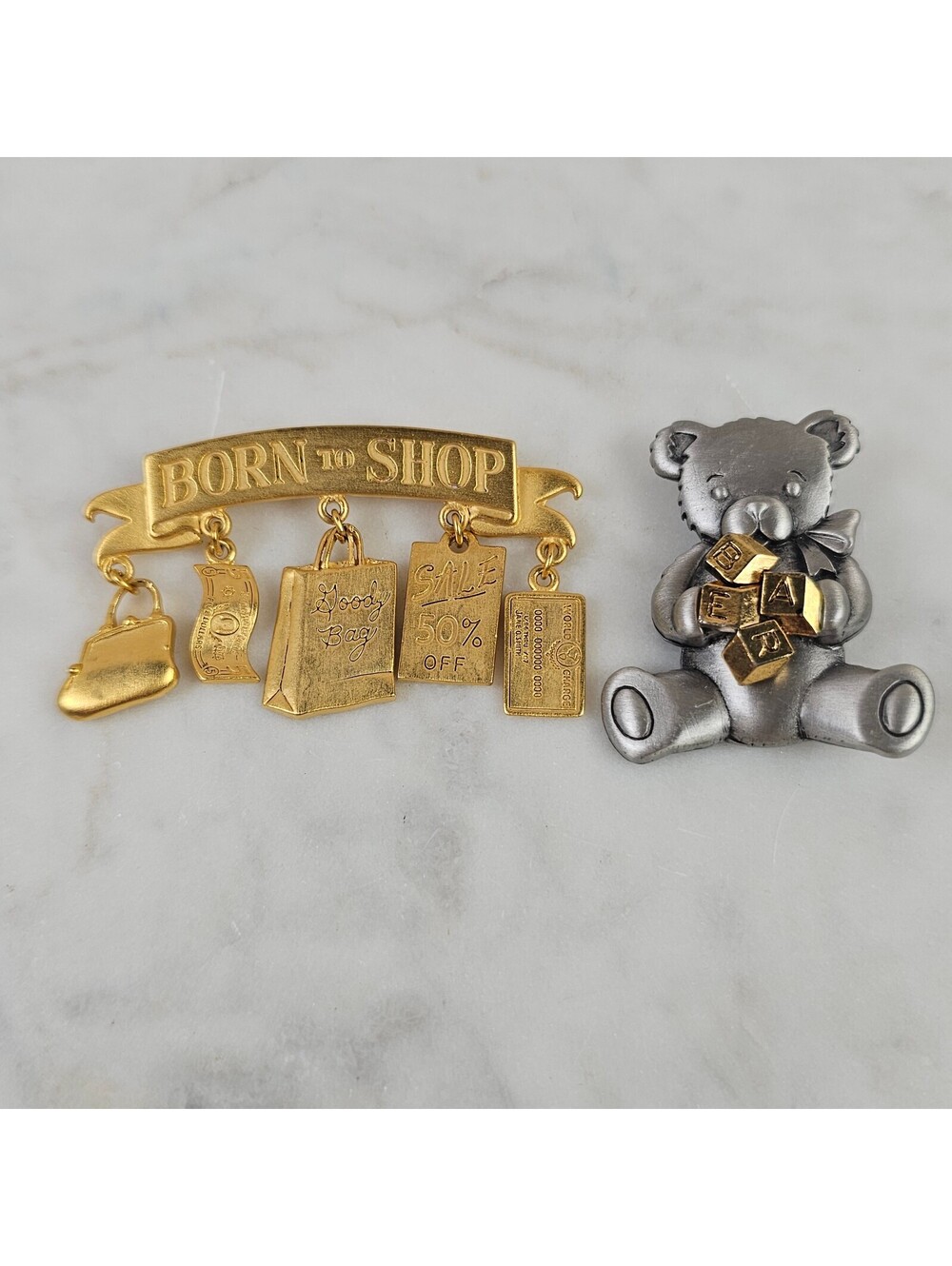 Vintage JJ Jonette Brooch Lot Born to Shop Charms Teddy Bear Blocks 1980s